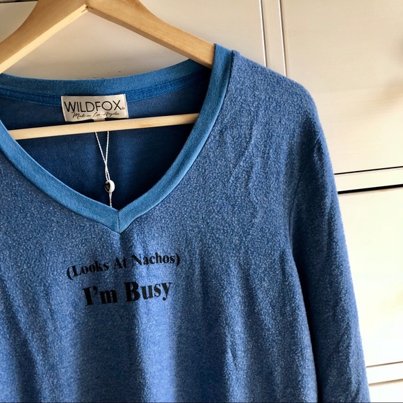 WILDFOX I'm Busy Soft Knit Blue V- Neck Sweater - Picture 4 of 7